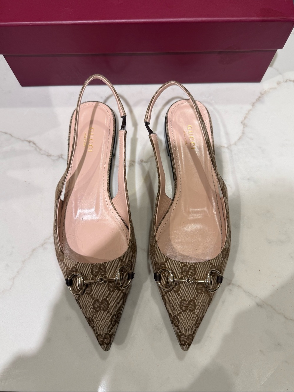 Gucci Beige GG Canvas Pointed-Toe Slingback Flats with Horsebit - Picture 5 of 10